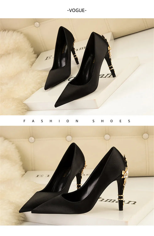 Elegant Crystal-Embellished Silk Pointed Toe Pumps for Women - Luxurious High Heels Perfect for Bridal and Evening Wear, Sexy Dress Shoes with Thin Heels